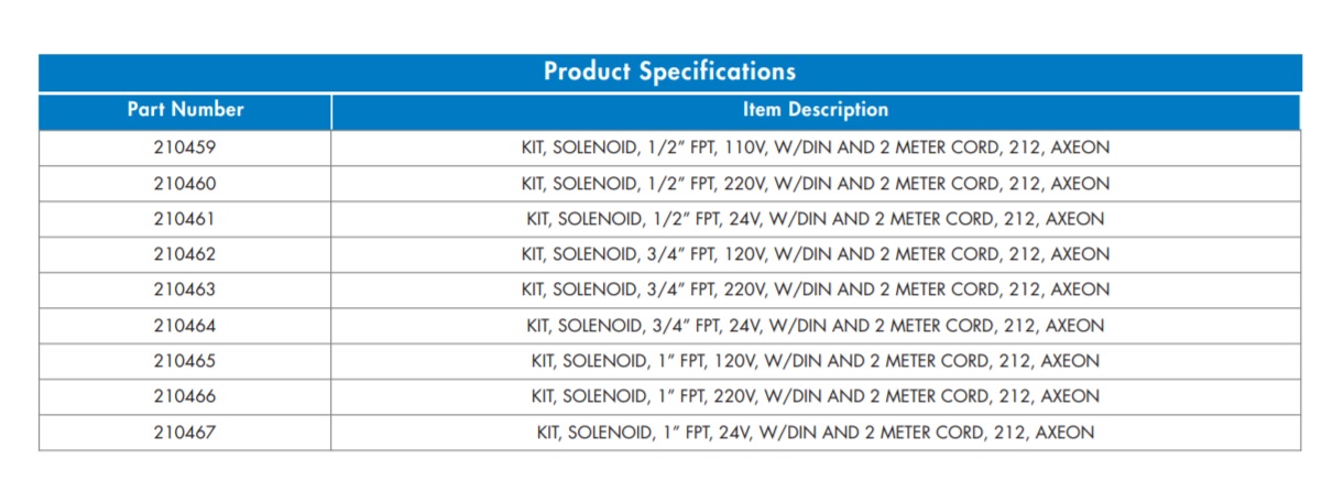 ASCO 212 Solenoid Kit Specs